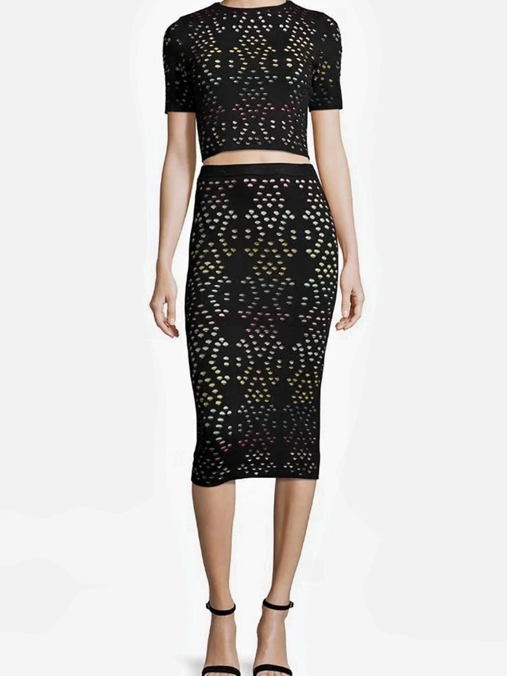 alice + olivia Ani Laser-Cut Midi Pencil Skirt Black & Multicolor